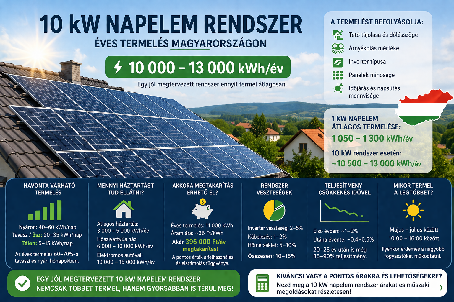 10 kW napelem rendszer családi házon Magyarországon éves termeléssel