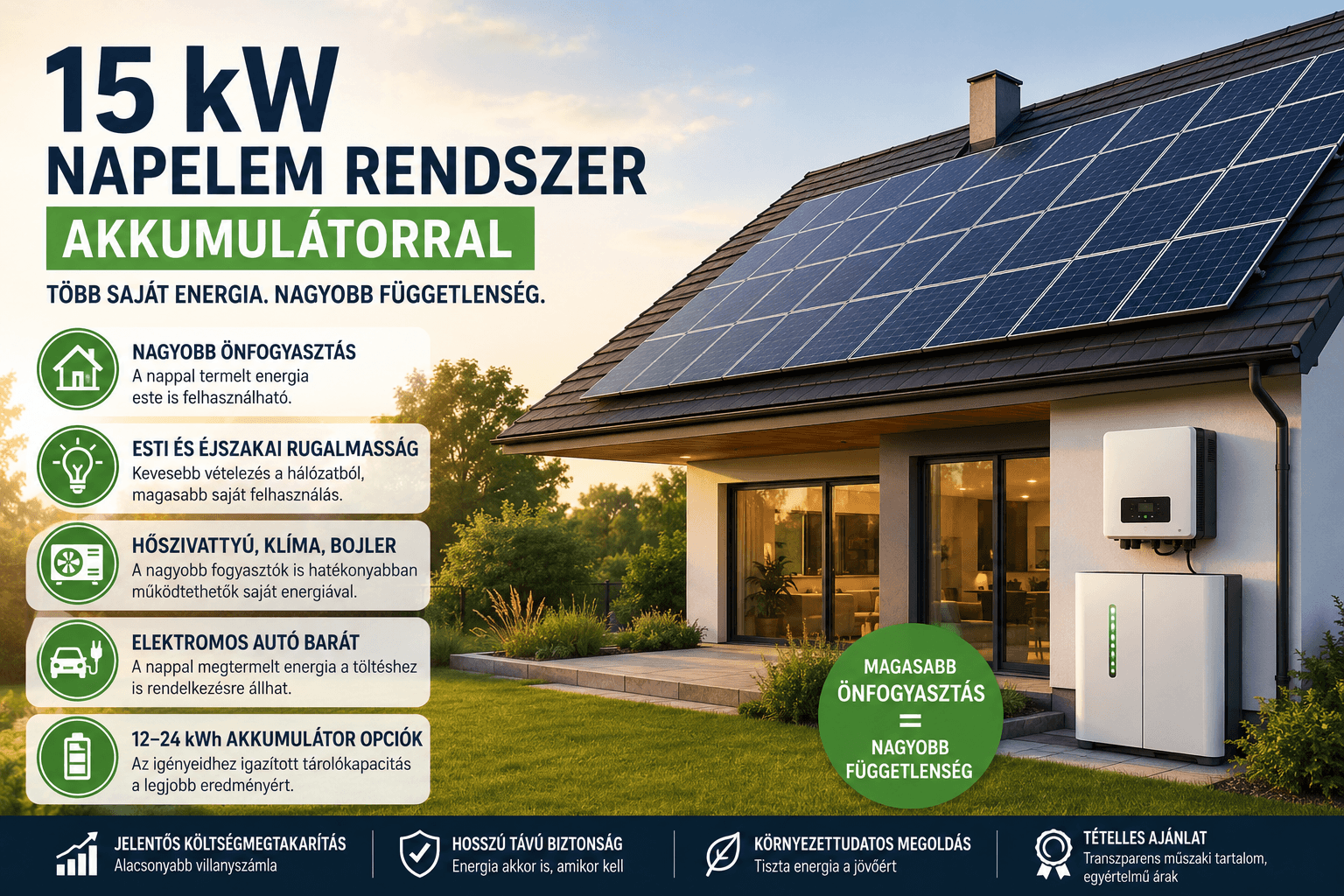 15 kW napelem rendszer akkumulátorral családi házhoz