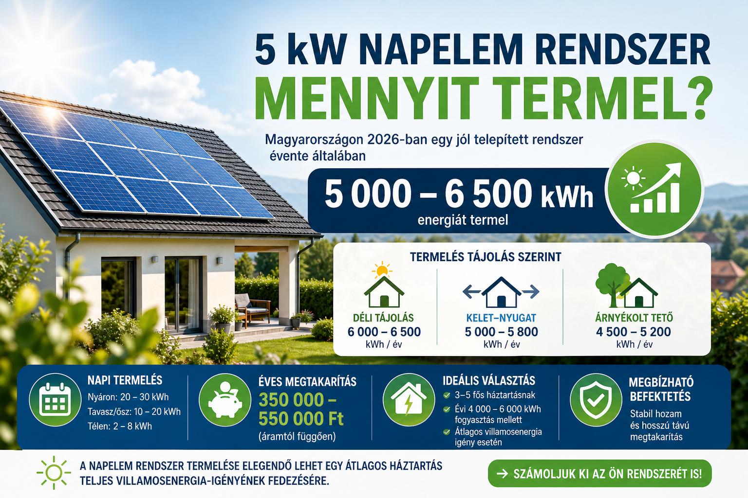 5 kW napelem rendszer mennyit termel - éves 5000-6500 kWh hozam Magyarországon