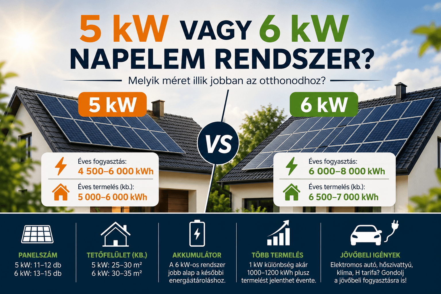 5 kW és 6 kW napelem rendszer összehasonlítása családi házon