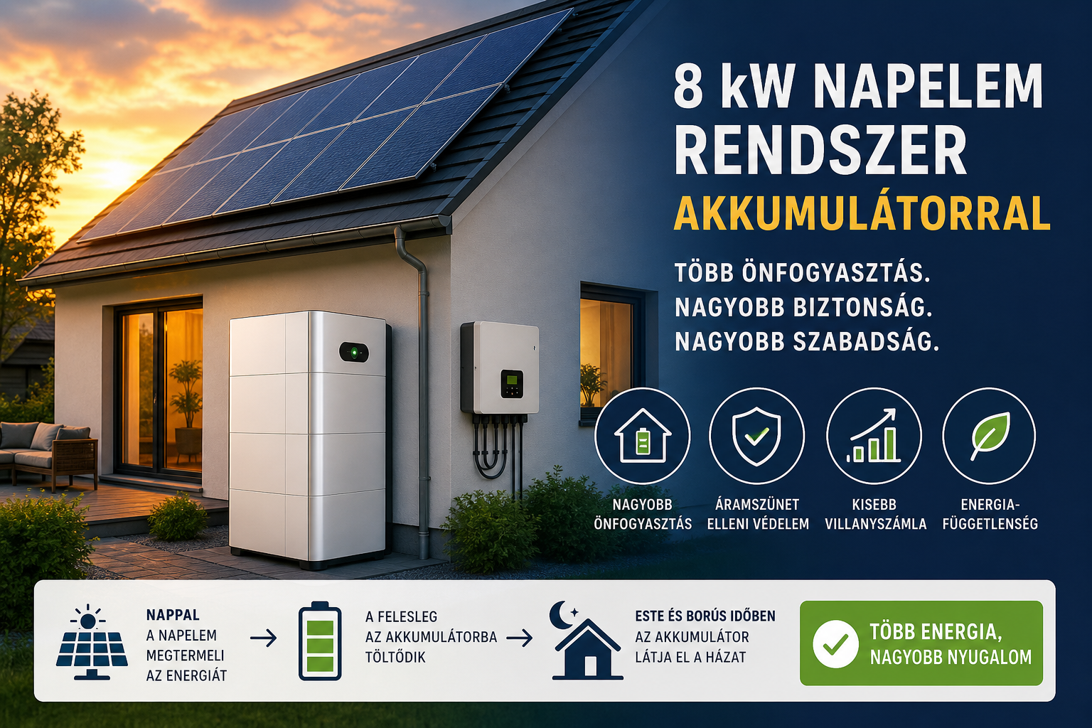 8 kW napelem rendszer akkumulátorral családi ház energiafüggetlenséghez