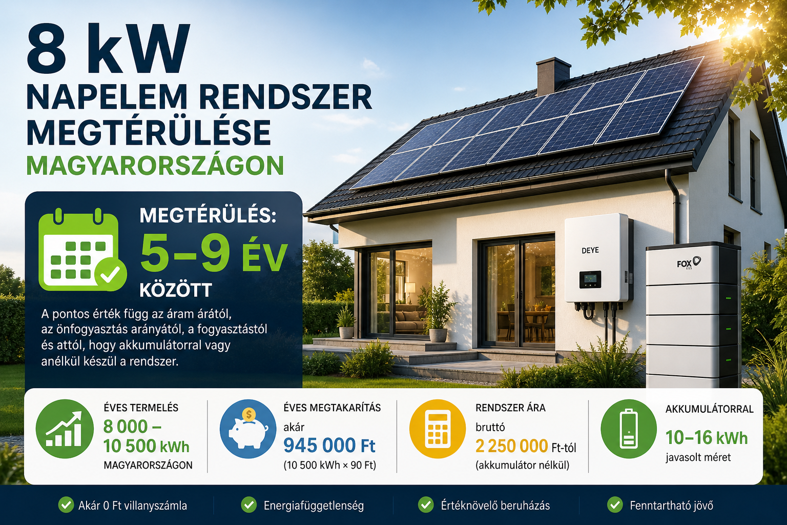 8 kW napelem rendszer megtérülése 5-9 év alatt Magyarországon