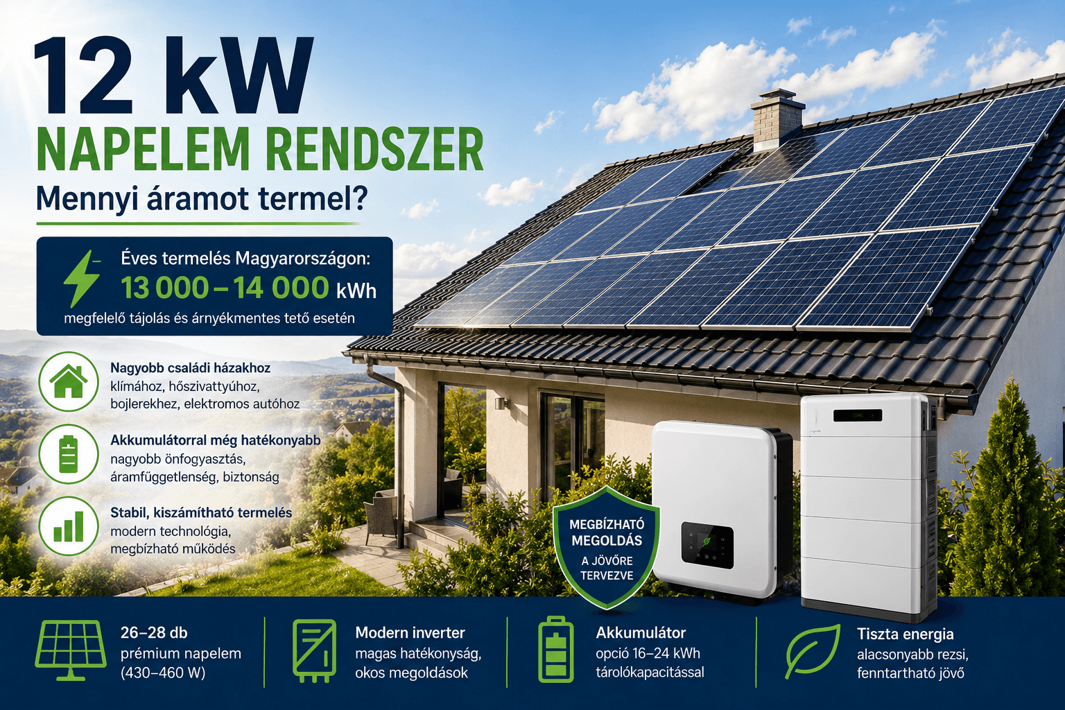 12 kW napelem rendszer éves termelése családi házon