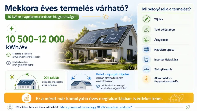 10 kW napelem rendszer várható éves termelése Magyarországon