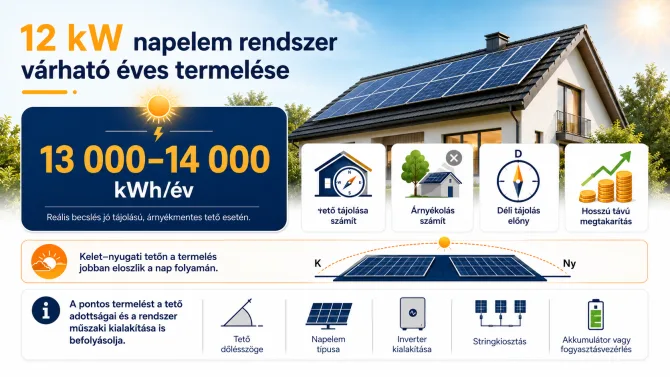 12 kW napelem rendszer éves termelése és várható hozama 12 kW napelem rendszer éves termelése Magyarországon 13 000–14 000 kWh között