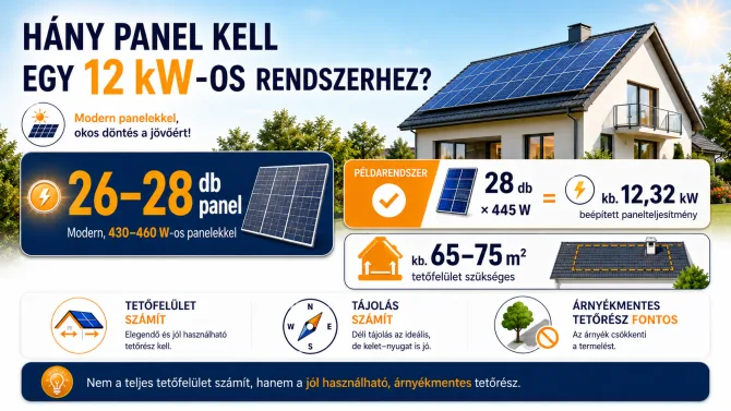 Hány panel kell egy 12 kW-os napelem rendszerhez Hány panel szükséges egy 12 kW-os napelem rendszerhez 26–28 darab modern napelemmel