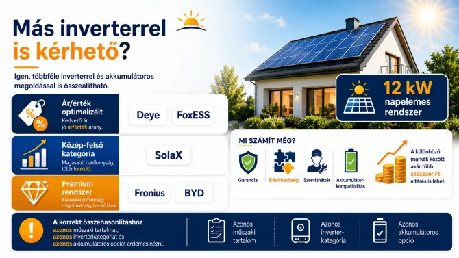 12 kW napelem rendszer inverter választási lehetőségei 12 kW napelem rendszer különböző inverter és akkumulátor opciókkal