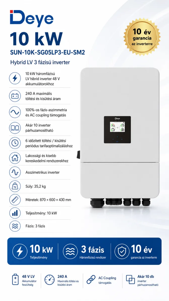 Deye SUN-10K-SG05LP3-EU-SM2 10 kW háromfázisú hibrid inverter