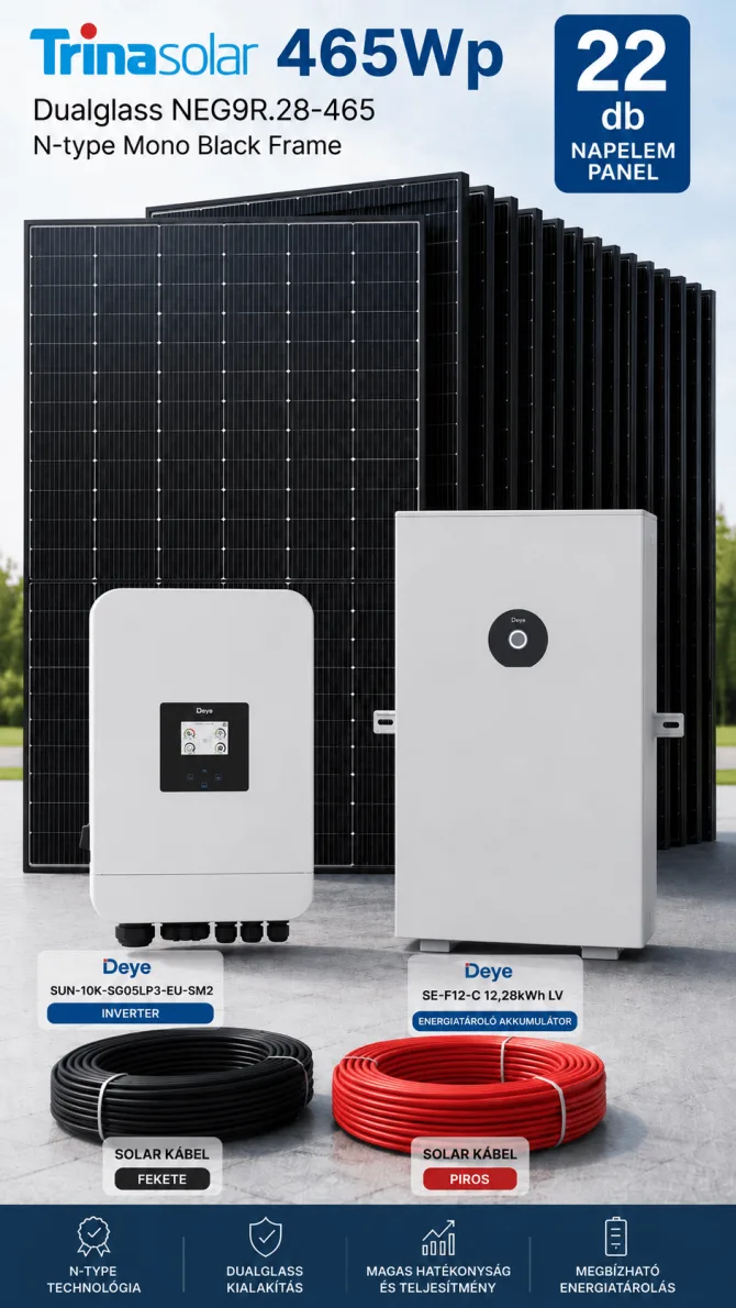 10 kW napelem rendszer akkumulátorral, Deye inverterrel és Trina Solar panelekkel
